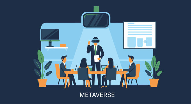 Business team collaborating in metaverse virtual reality