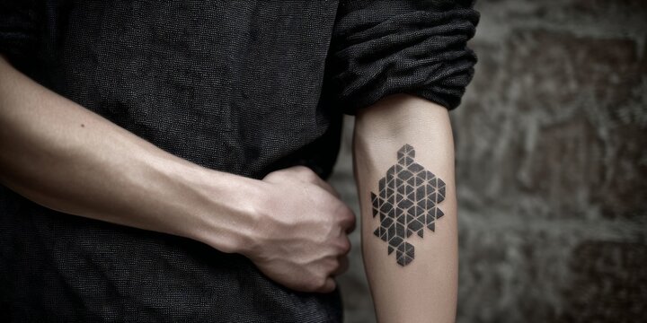 Close-up of a persons arm with a unique geometric pattern tattoo.