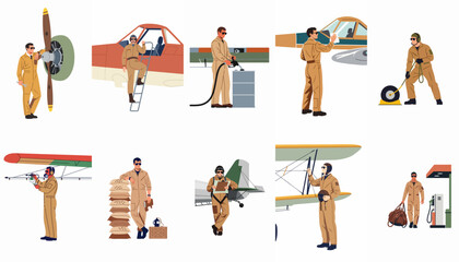 Set of flat illustrations featuring pilots and aircraft mechanics performing various maintenance, fueling, and preparation tasks for vintage airplanes. © Yola