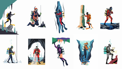 Set of flat vector illustrations depicting scuba divers exploring underwater caves and rocky crevices with professional diving equipment and research tools. © Yola