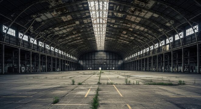 Monumental abandoned aircraft hangar with a grand, decaying interior illuminated by natural overhead light