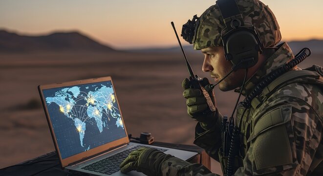 Soldier operating radio with world map in desert setting