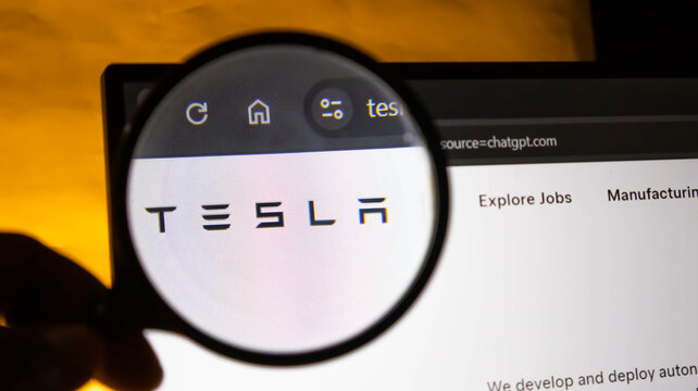 Magnifying glass focused on tesla logo on a computer screen