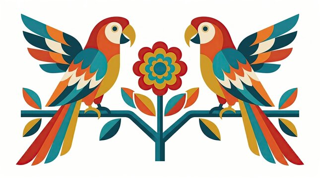 Colorful Parrot Pair: A vivid display of two parrots, adorned in vibrant hues, perches on a branch with a decorative floral element, embodying a cheerful artistic illustration.