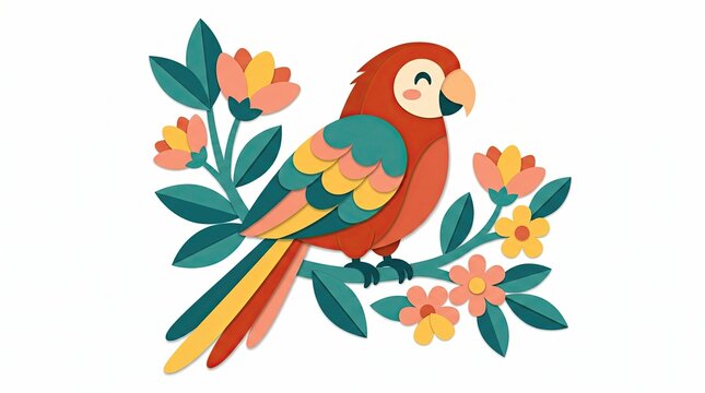 Cheerful Parrot Amidst Blooms: A vibrant illustration of a happy parrot perched on a flowering branch, its colorful plumage harmonizing with the surrounding blossoms.