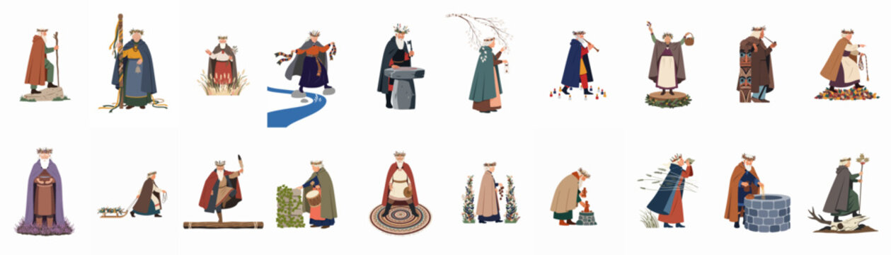 Flat vector collection of characters in traditional pagan costumes performing ancient seasonal rituals and folk customs, isolated on white background.