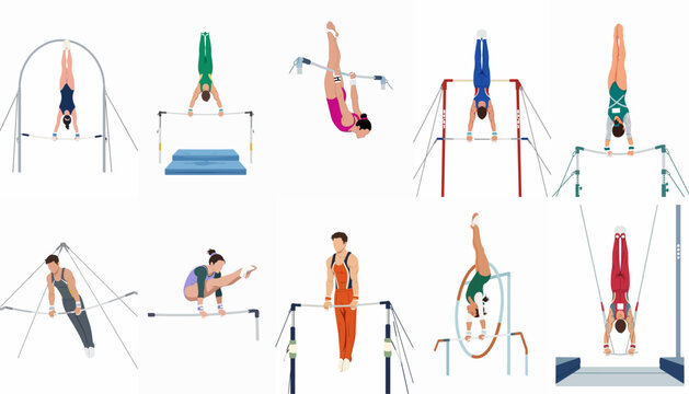 Collection of flat vector illustrations depicting male and female gymnasts performing professional routines on horizontal, uneven, and parallel bars.