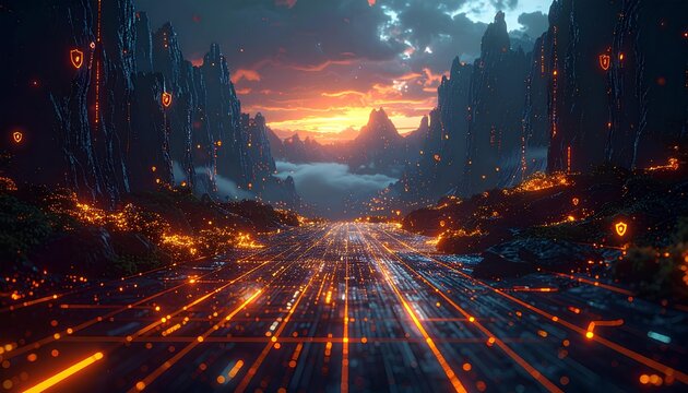 セキュリティアイコンが浮かぶデジタルの谷 / Digital valley with floating security icons at sunset (Generative AI)