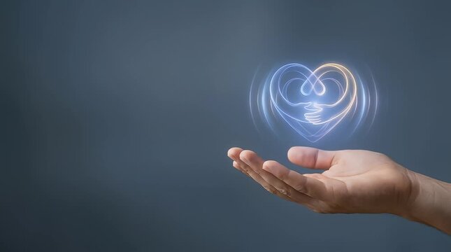 A blurred background reveals a hand reaching towards a glowing heart symbol, gently pulsating. Soft ambient light creates a serene atmosphere as the hand approaches, settling into focus.