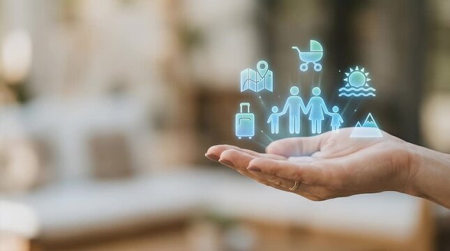 Hand holding digital icons for shopping, travel, family, and business services in augmented reality display