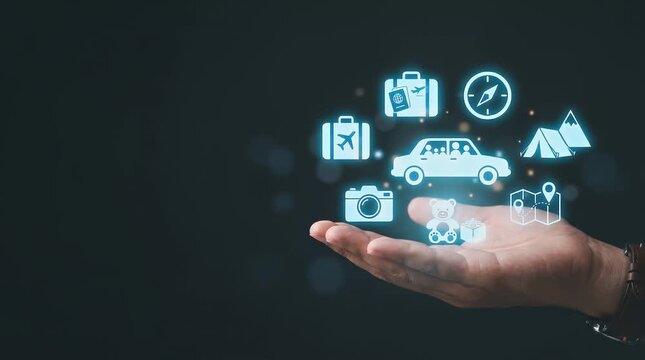 A hand holds a glowing array of travel icons, gently zooming in as icons float around, illuminated by a soft, ambient light against a dark background, settling into focus.