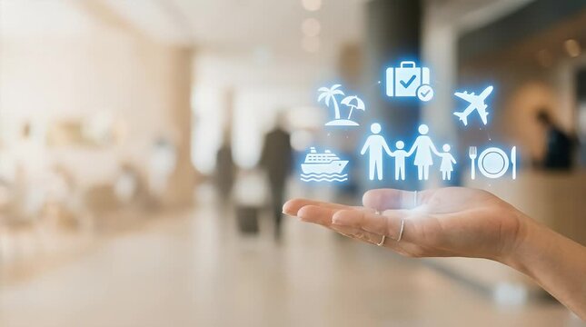 Blurred background with a hand entering from the side, slowly reaching toward floating travel icons. The scene brightens as icons animate gently, settling into view with a warm atmosphere.