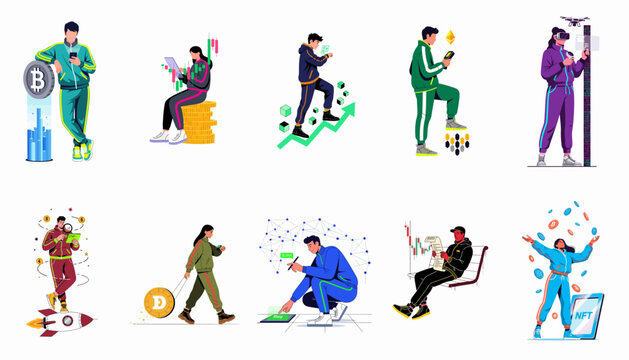 Modern flat vector illustrations of people trading Bitcoin, Ethereum, and NFTs, analyzing charts, and using blockchain technology in sporty tracksuits.