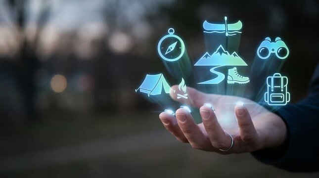 A blurred background reveals a hand reaching toward glowing holographic camping icons, which animate as the hand approaches. The scene settles with soft ambient lighting.