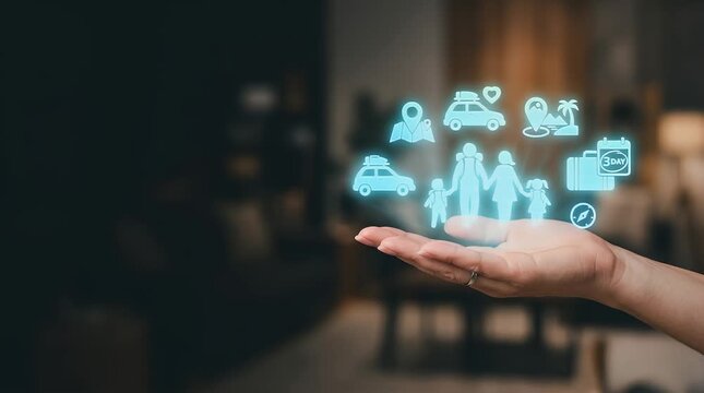 A blurred background reveals a hand reaching toward glowing travel icons. The icons animate as the hand approaches, settling upon contact in a cozy living room ambiance.