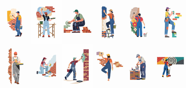 Comprehensive collection of diverse male and female construction workers and painters engaged in building, renovating, and decorating brick walls in flat illustration style.
