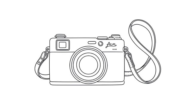 Retro film camera line art illustration, vintage photography equipment outline, classic analog camera graphic resource for design projects, old-fashioned photographic device with strap.