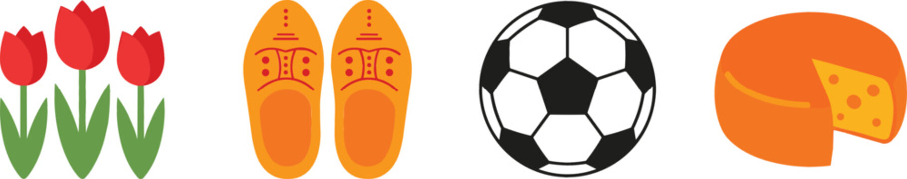 Dutch Culture Icons Collection with Tulips Wooden Shoes Soccer Ball and Cheese Vector Illustration Set
