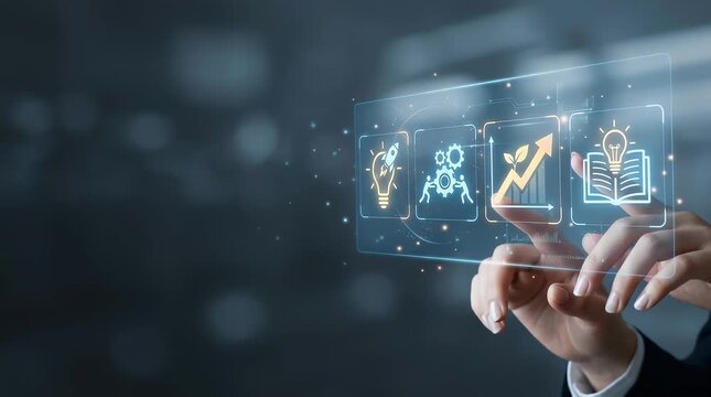 Businessman holding digital tablet displaying business growth icons and analytics symbols
