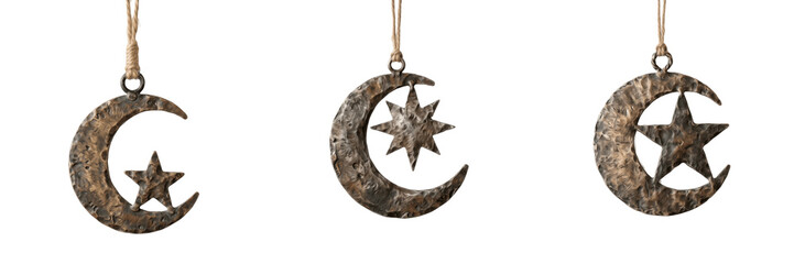 Metal Crescent Moon and Star Hanging Decor Isolated on Transparent Background, Celestial Ornament PNG, Ramadan or Mystical Design Element. © muhammad