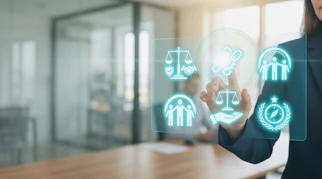 Businesswoman interacting with digital legal and compliance icons on transparent screen in modern office