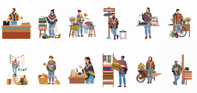 Collection of diverse people wearing colorful ponchos selling fresh produce, flowers, and handmade textiles at an outdoor marketplace.
