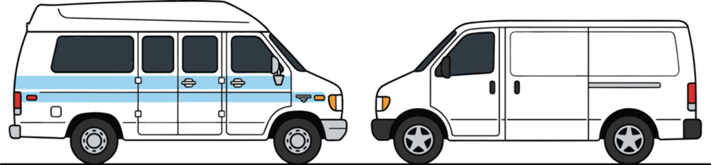 White Cargo and Passenger Vans in Side View Commercial Transportation Vector Illustration Collection © Jahangir