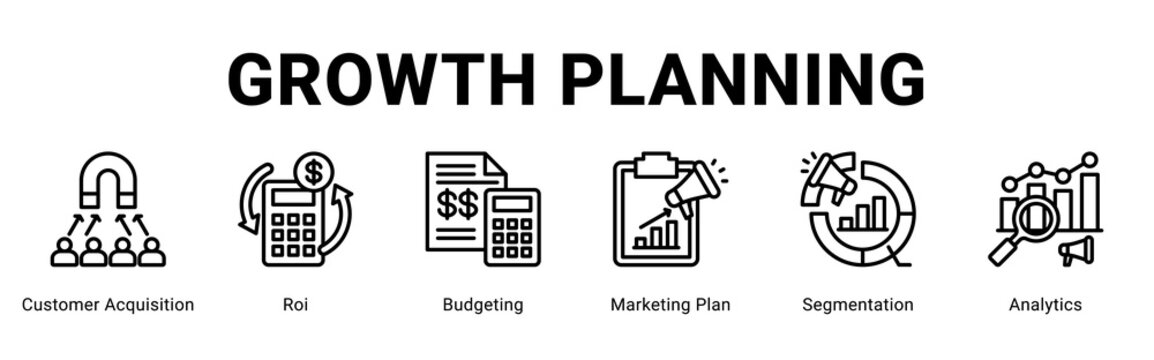 Growth Planning web banner icon concept,  with Customer Acquisition, Roi, Budgeting, Marketing Plan, Segmentation, Analyti.