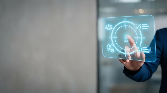 Businessman touching digital holographic interface with target and analytics icons