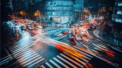 Obraz premium Nighttime cityscape with blurred traffic movement and illuminated skyscrapers showcasing vibrant urban life in a bustling metropolitan area