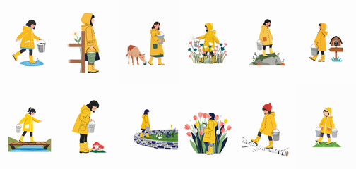 Fototapeta premium Vector illustration set of a young girl wearing a yellow raincoat and boots, carrying a metal bucket in different rural outdoor settings.