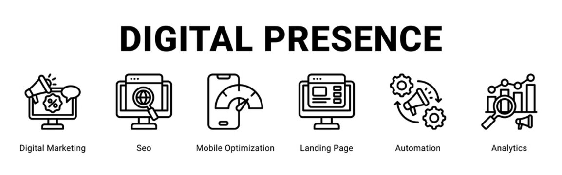 Digital Presence web banner icon concept,  with Digital Marketing, Seo, Mobile Optimization, Landing Page, Automation, Analyti.