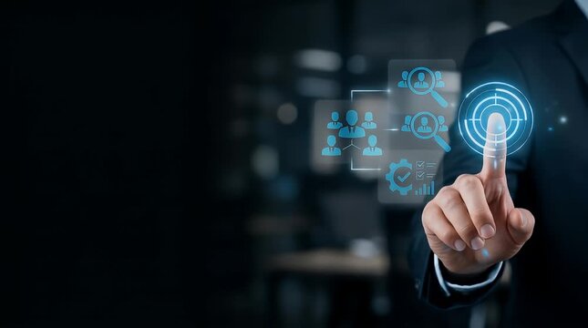 Blurred background with a hand reaching toward a glowing UI panel. The finger slowly approaches, causing icons to animate and settle into a final composed shot with a professional atmosphere.