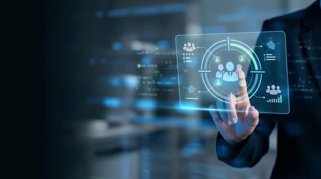 Businessman touching digital interface with network connections and data analytics visualization