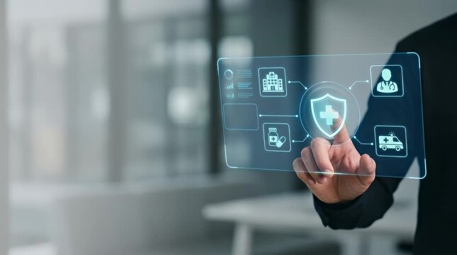 Businessman touching digital shield icon with security network interface for data protection and cybersecurity