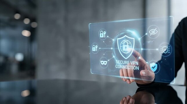 Businessman touching holographic secure VPN connection interface with shield and lock icons