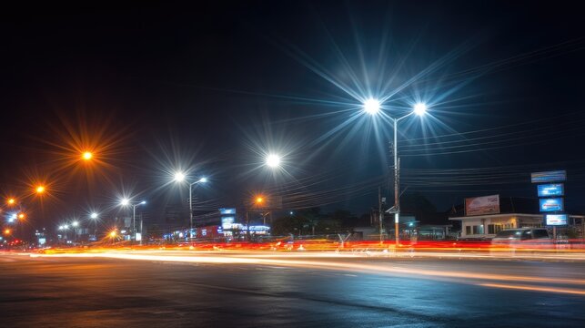 Night traffic motion blur with streetlights illuminating an urban intersection showcasing city life and vibrant lights in the darkness