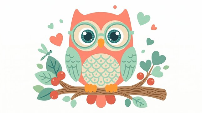 Cute Owl Illustration: A whimsical, cartoon-style owl with big, expressive eyes and a bright coral body sits on a textured branch, surrounded by decorative hearts, leaves, and a tiny dragonfly.