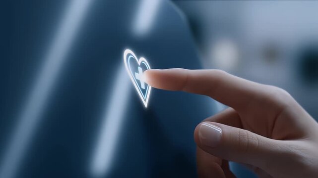 Blurred background reveals a hand reaching toward a glowing healthcare icon on a sleek panel. The hand moves slowly, and the icon animates as it touches, settling into a calm scene.