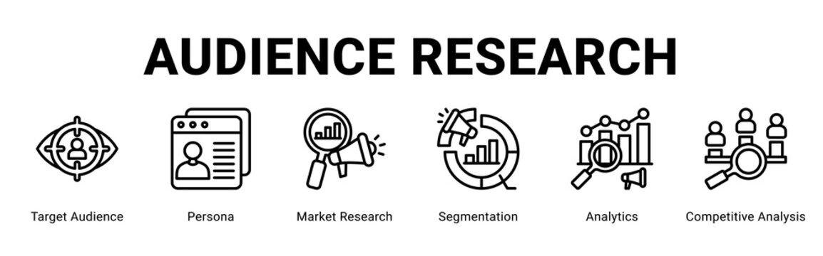 Audience Research web banner icon concept,  with Target Audience, Persona, Market Research, Segmentation, Analytics, Competi.