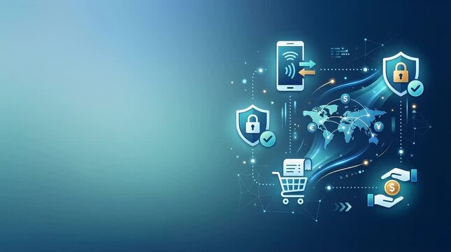 Digital payment security network with global commerce icons and encrypted transactions