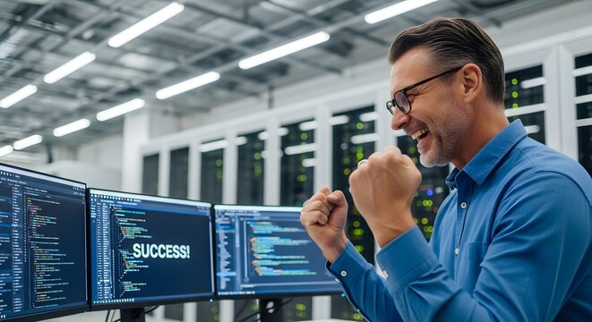 Successful Programmer Celebrating Coding Achievement in Modern Office