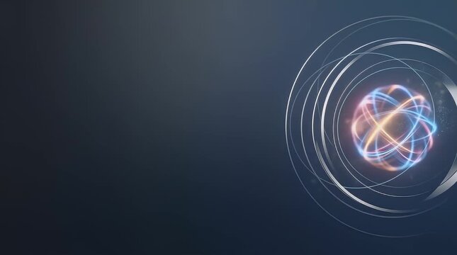 Glowing atom nucleus with orbital electrons and energy rings in dark space
