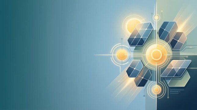 In a dim environment, glowing solar panel icons gradually materialize, softly pulsing and rotating as digital particles drift in, creating an ambient atmosphere with gentle lighting.