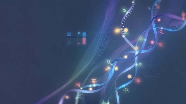 Abstract DNA helix with glowing nodes and digital data visualization in blue and purple light