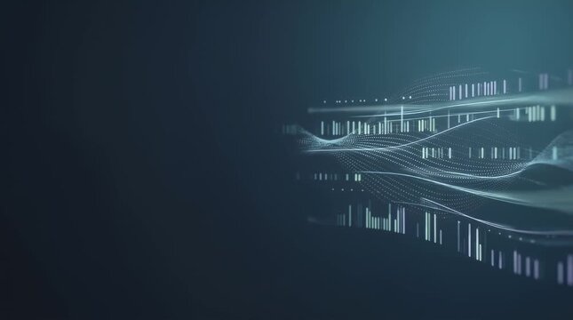 In a dim environment, glowing digital particles drift in as a holographic data stream materializes, gently pulsing with light. The camera slowly pushes in, revealing a futuristic digital landscape.