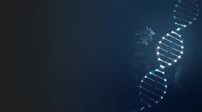 In a dim environment, a glowing DNA strand materializes, digital particles drift in, and the icon pulses gently against a dark backdrop, with a smooth camera push-in to focus.