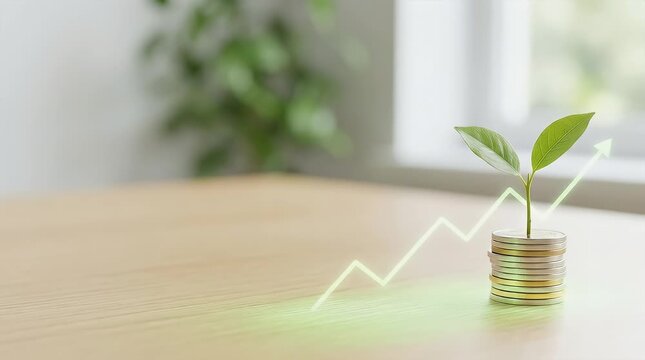 Plant growing from stacked coins with upward arrow graph showing financial growth and investment success
