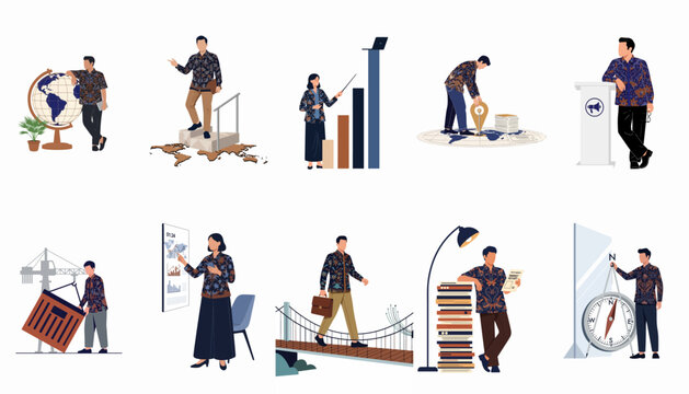 Professional Indonesian business characters wearing batik shirts in various scenarios including global strategy, market analysis, logistics, and presentation.