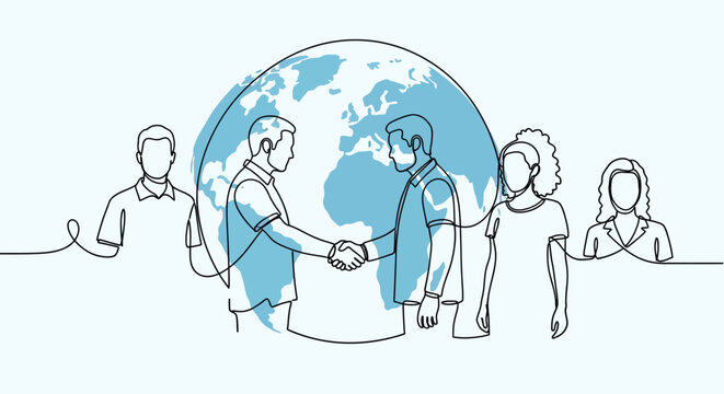 Continuous line drawing of a business handshake with a global map background.
